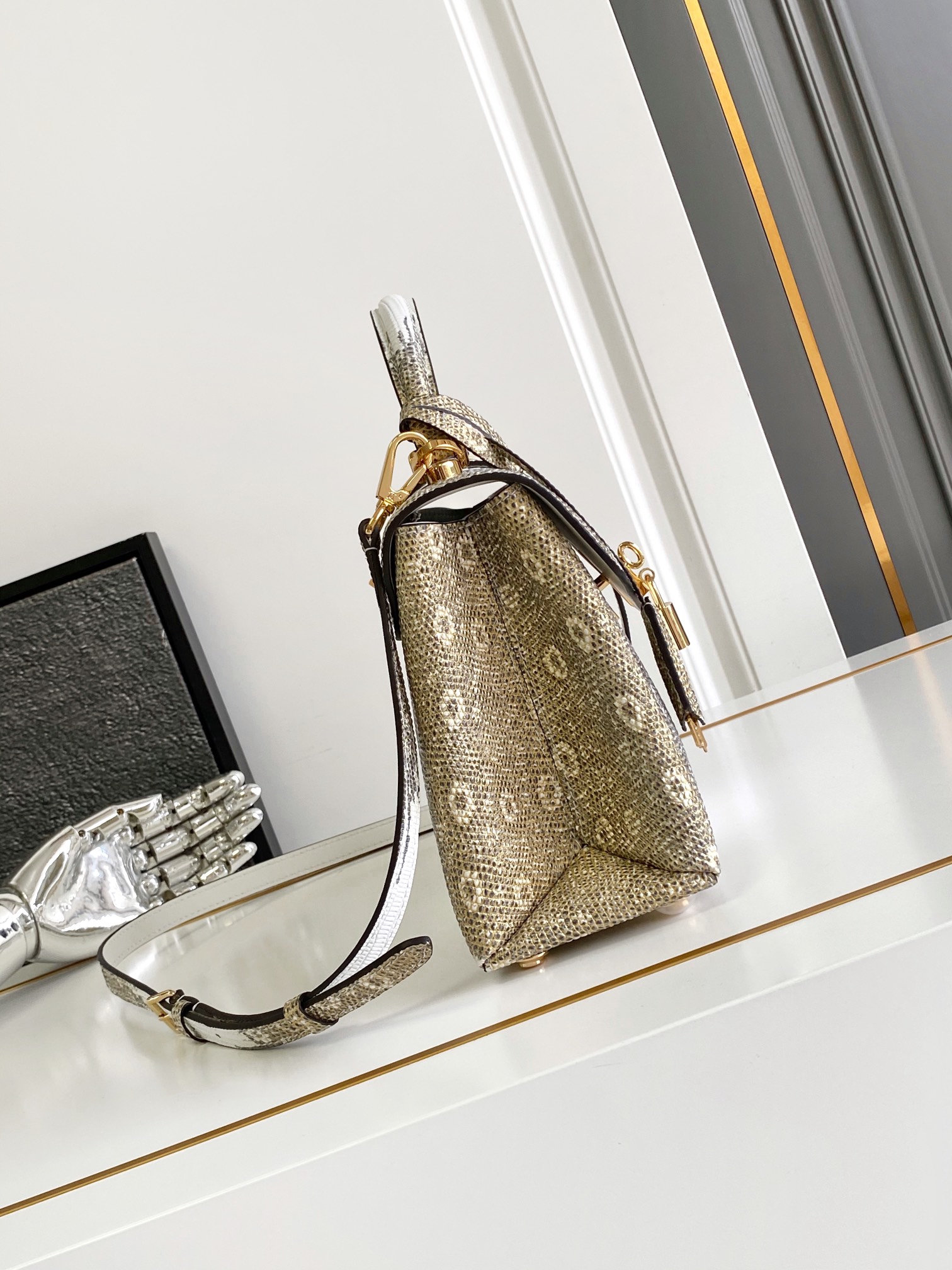 CELINE Lizard Small 16 Top Handle Bag Natural