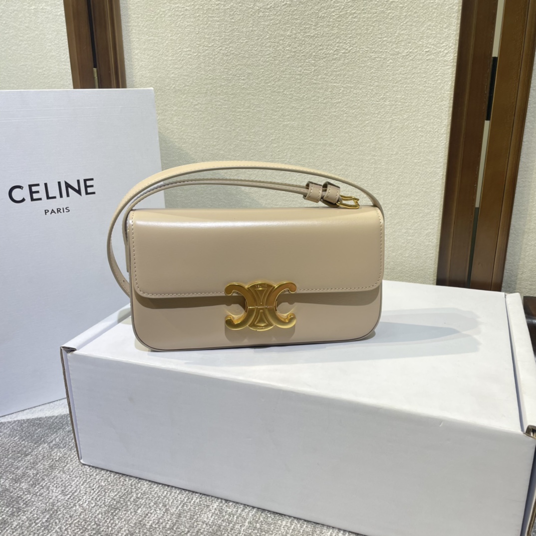 CELINE Natural Calfskin Triomphe Shoulder Bag White