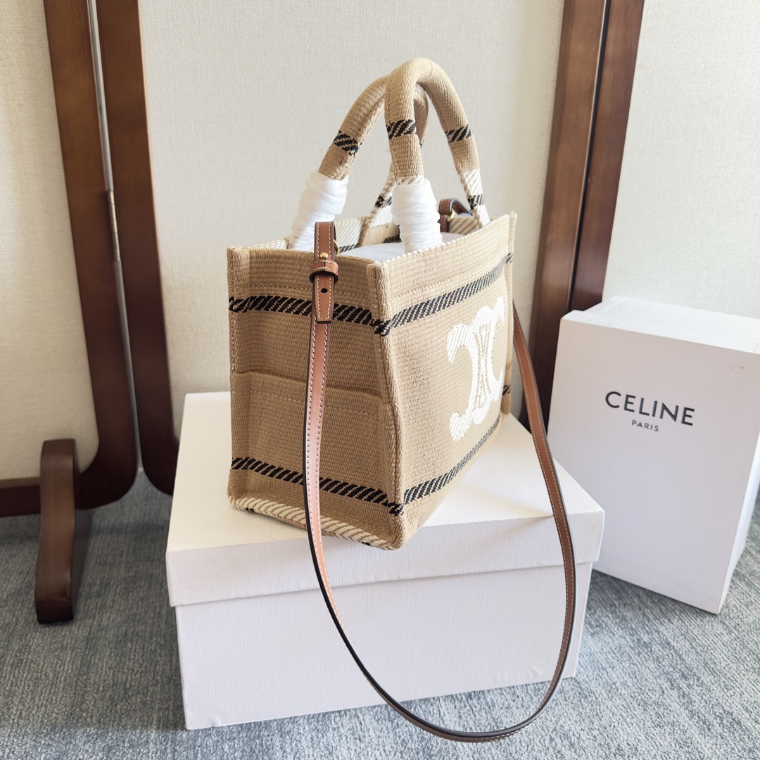 Celine small cabas thais in STRIPED TEXTILE WITH TRIOMPHE -brown
