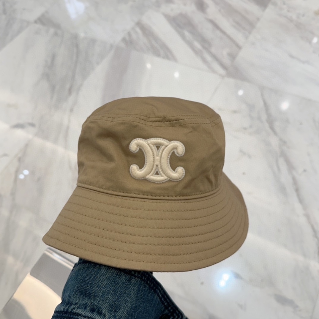 Celine Khaki Cotton Bucket Hat - Embroidered Logo