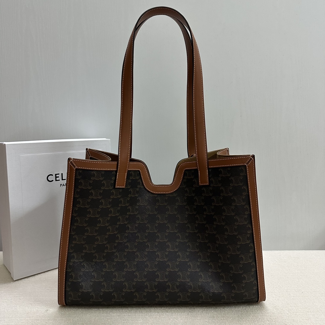 Celine Triomphe Canvas & Leather Tote in Black brown