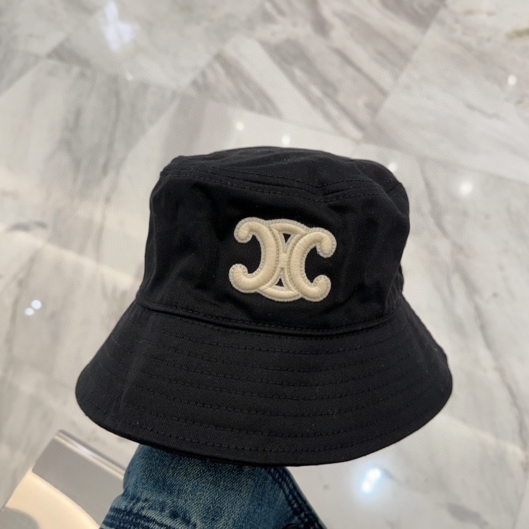 Celine Black Canvas Bucket Hat - Cream Logo