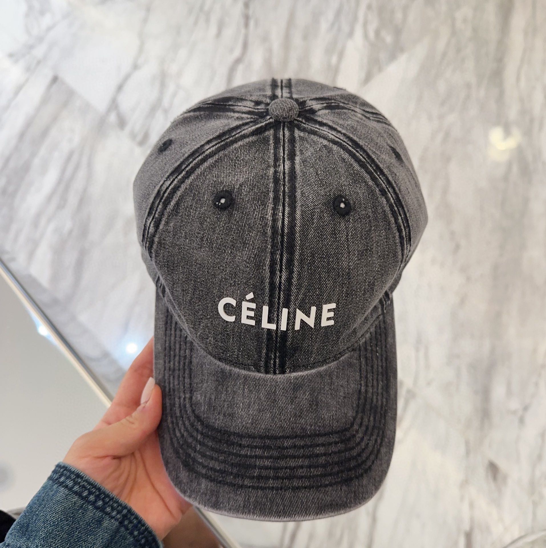 Celine Grey Denim Cap - White Logo, Distressed Finish
