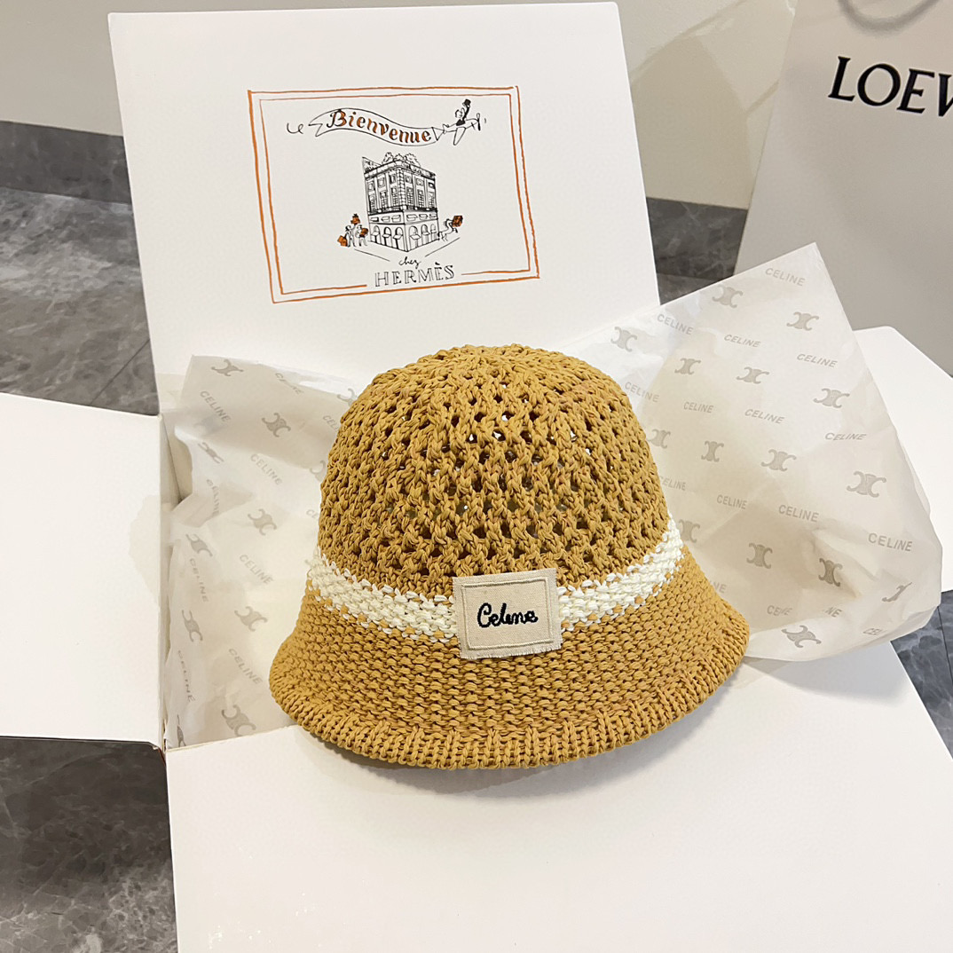 Celine Crochet Bucket Hat - Tan Raffia, White Stripe
