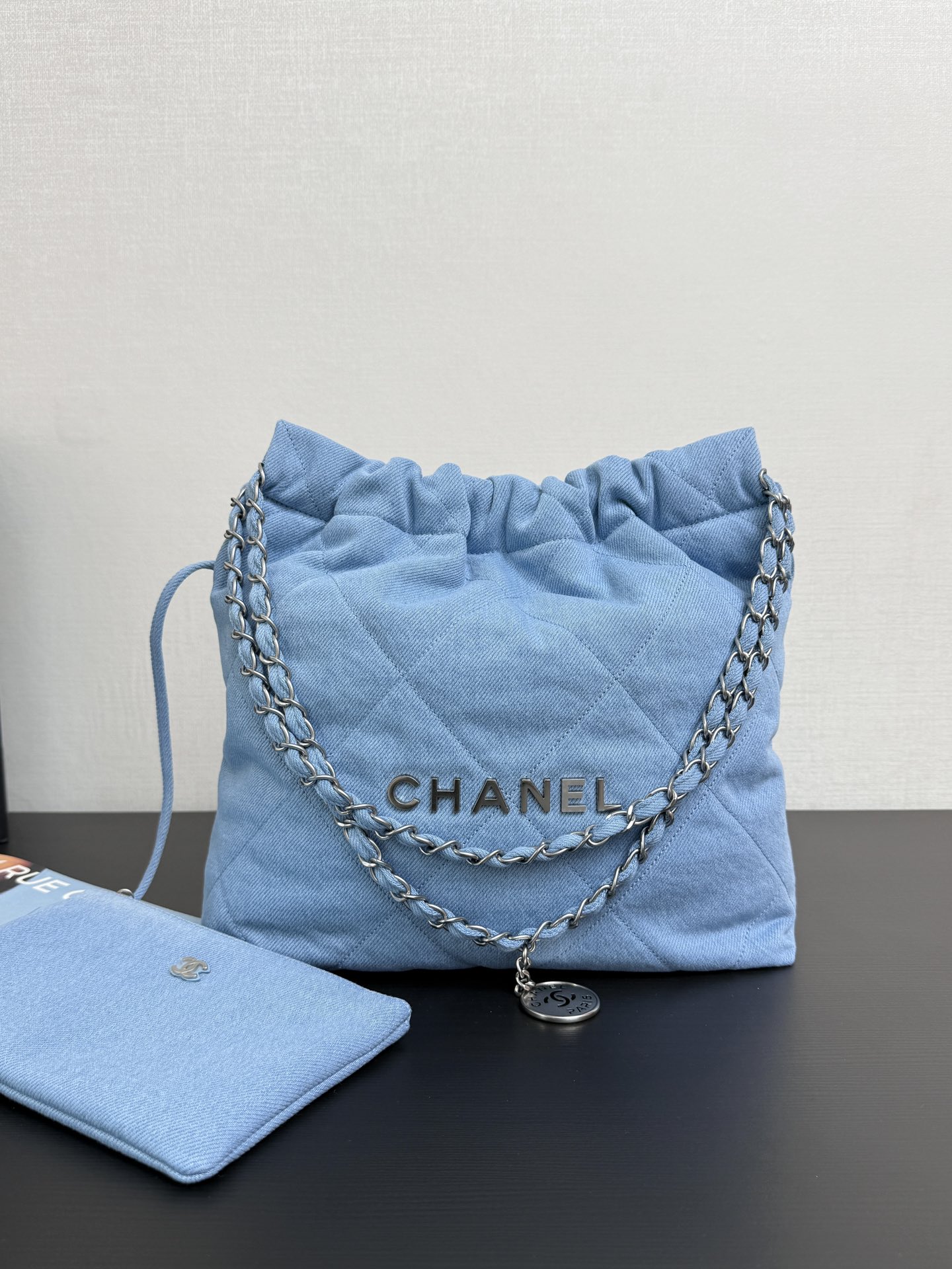 Chanel 22 Small canvas Chain Shoulder Bag Blue Silver