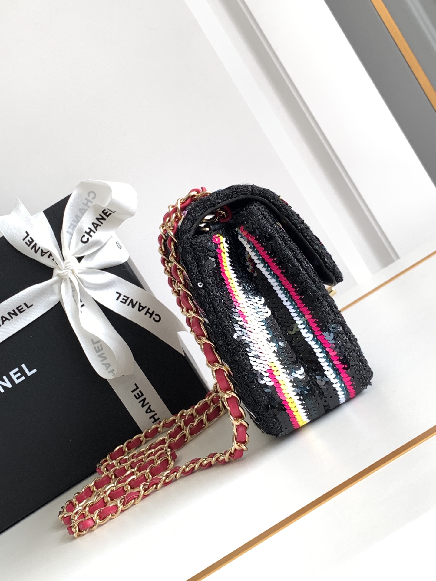 Chanel 22S Jersey Logo Mini Stripe Classic Flap Bag