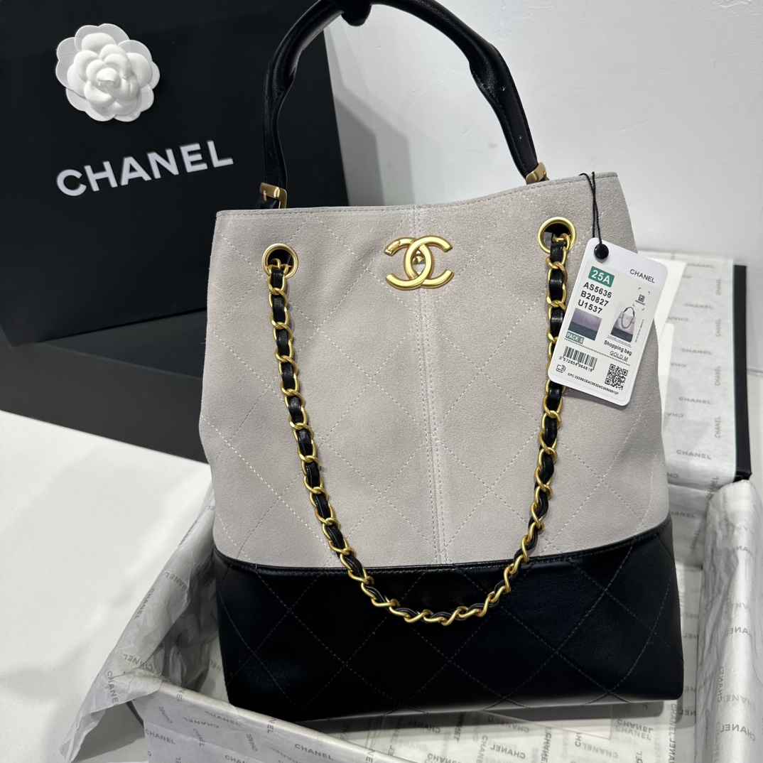 Chanel  25A Tote 28cm Grey Suede Black Calfskin