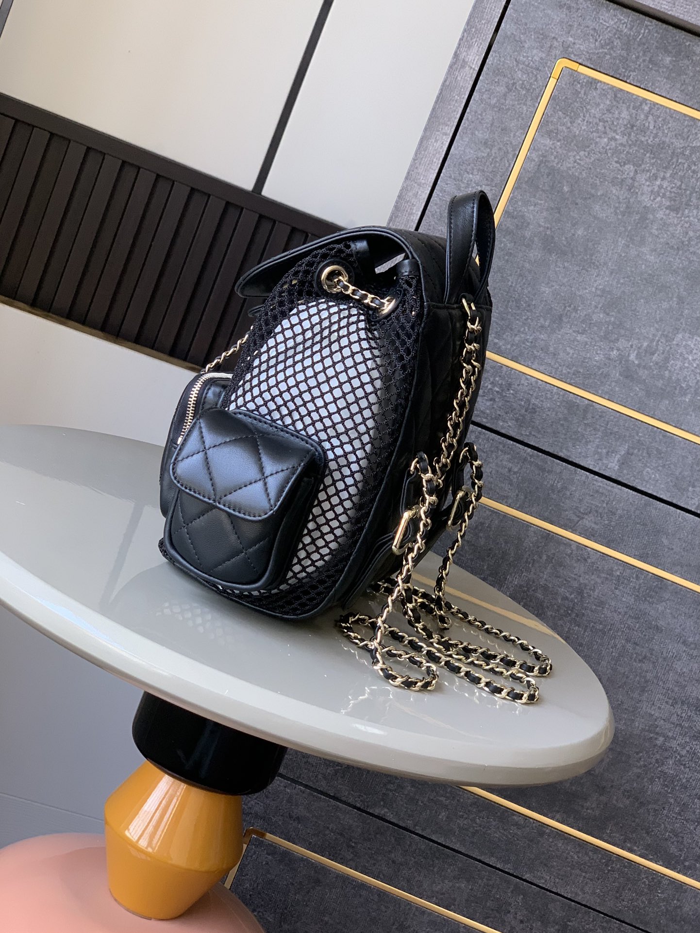 Chanel Backpack, Mesh, shiny lambskin & gold-tone metal, black