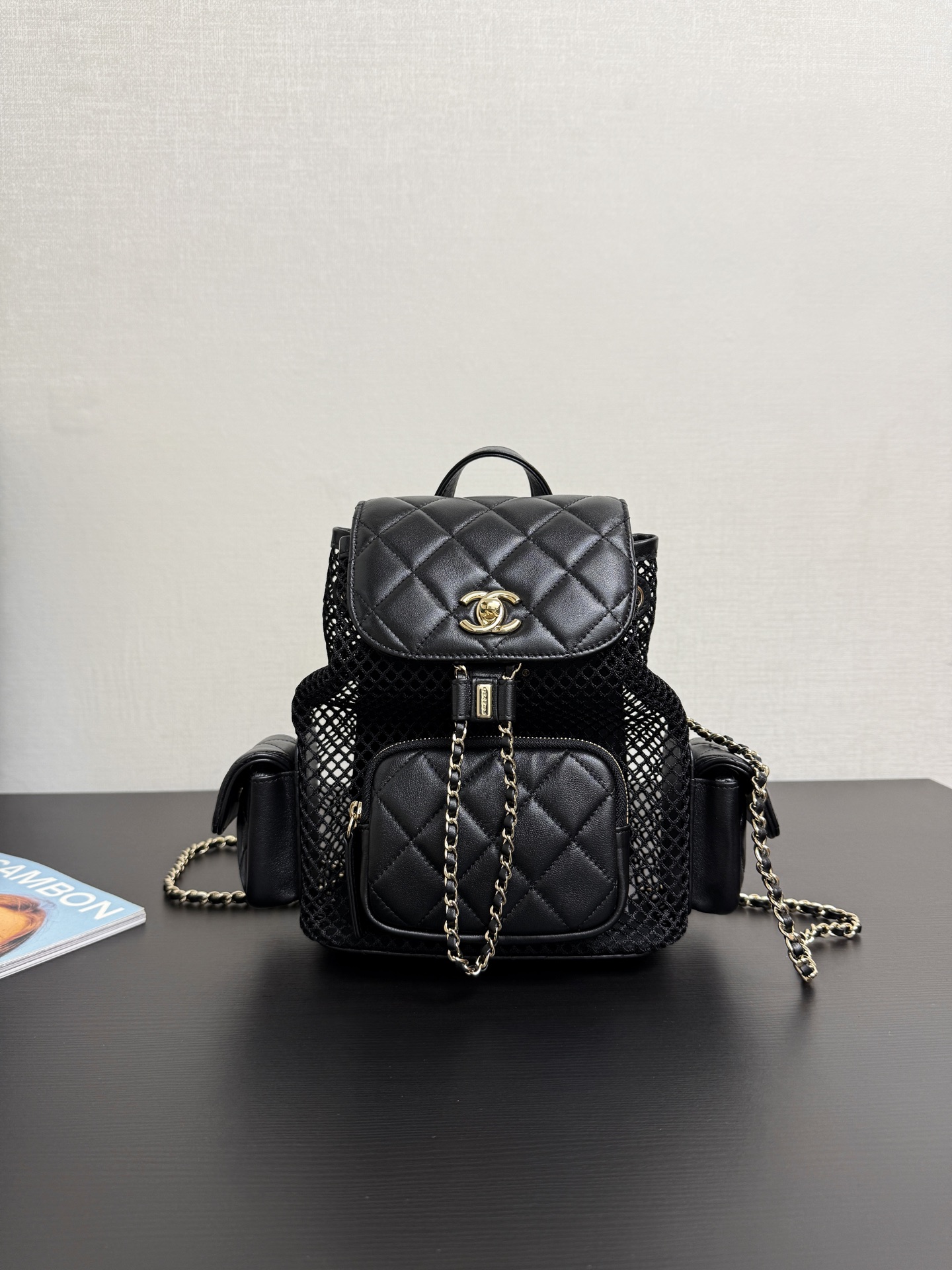 Chanel Backpack, Mesh, shiny lambskin & gold-tone metal, black