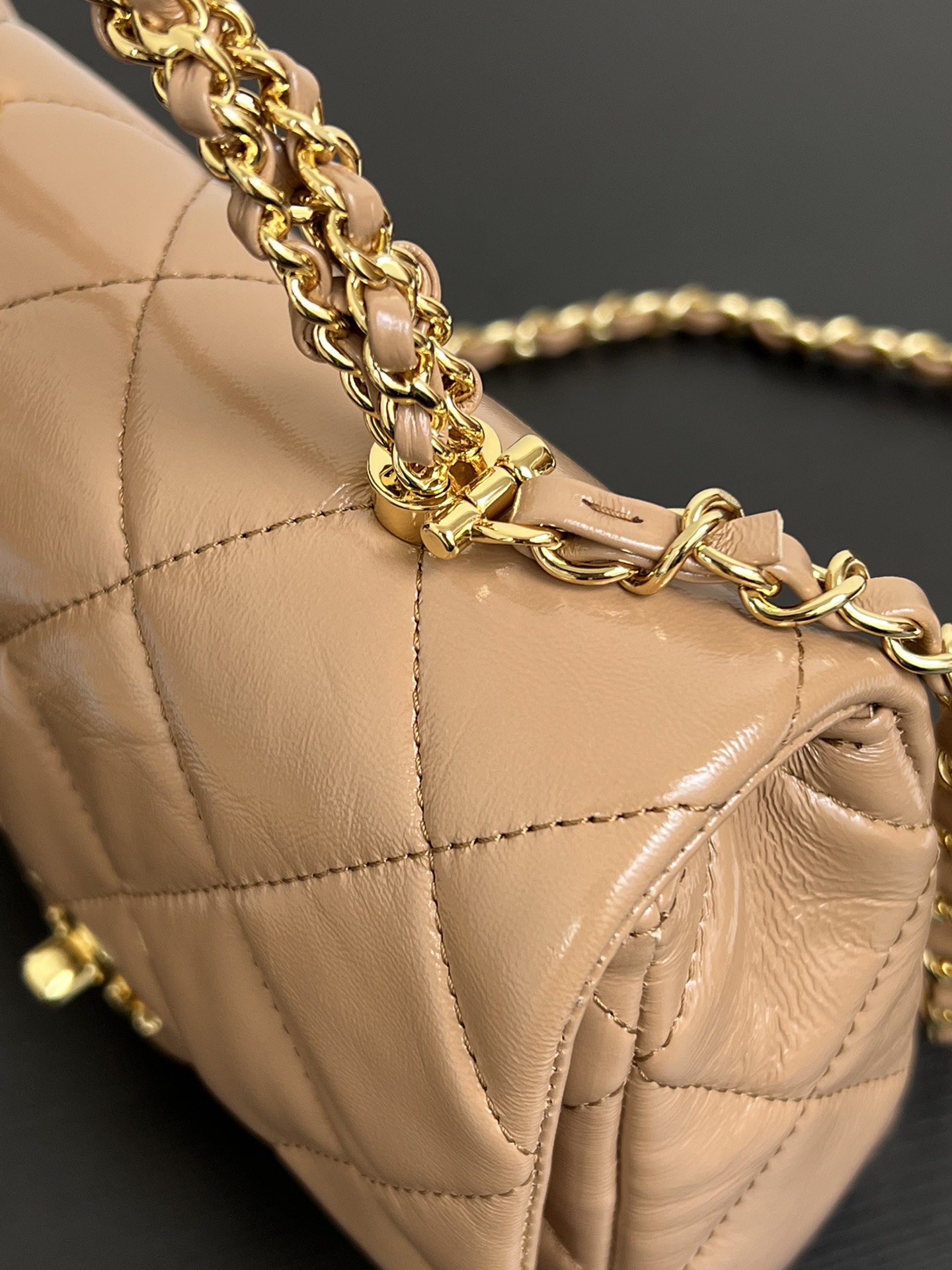 Chanel Beige Quilted Lambskin Top Handle Classic Flap Bag Pale Gold Hardware