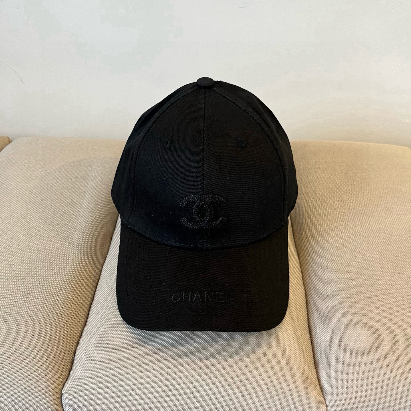 Chanel Black Cotton Cap - Chanel Black on Black Cotton Cap - Subtle CC