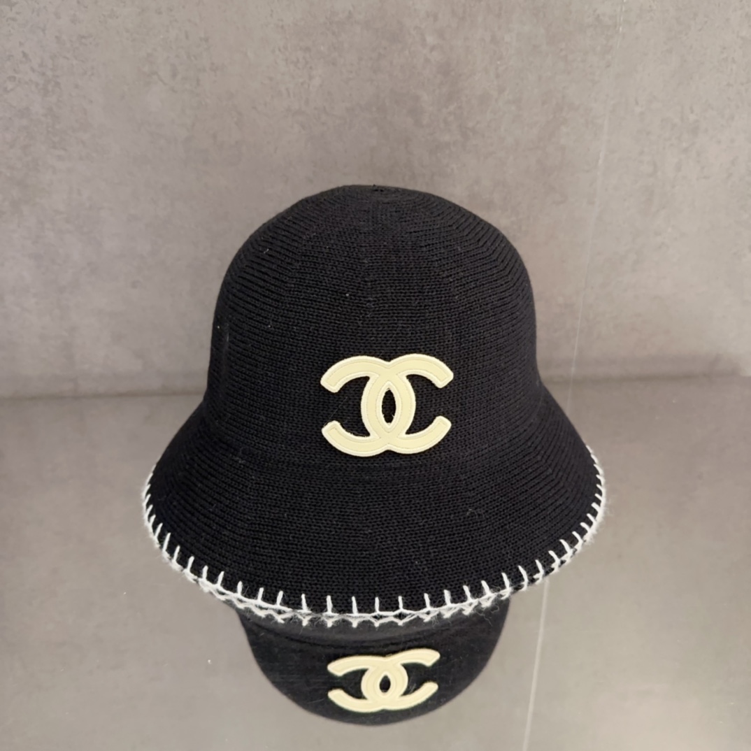 Chanel Black Crochet Bucket Hat with White Embroidered Logo and Edging