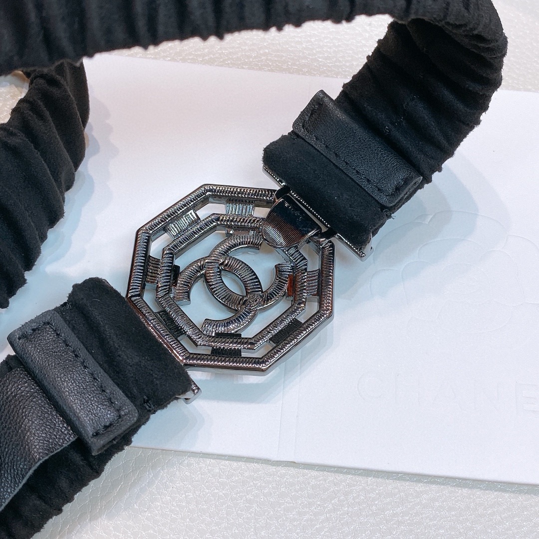 Chanel Black Elastic Belt with Silver Geometric Crystal CC Buckle