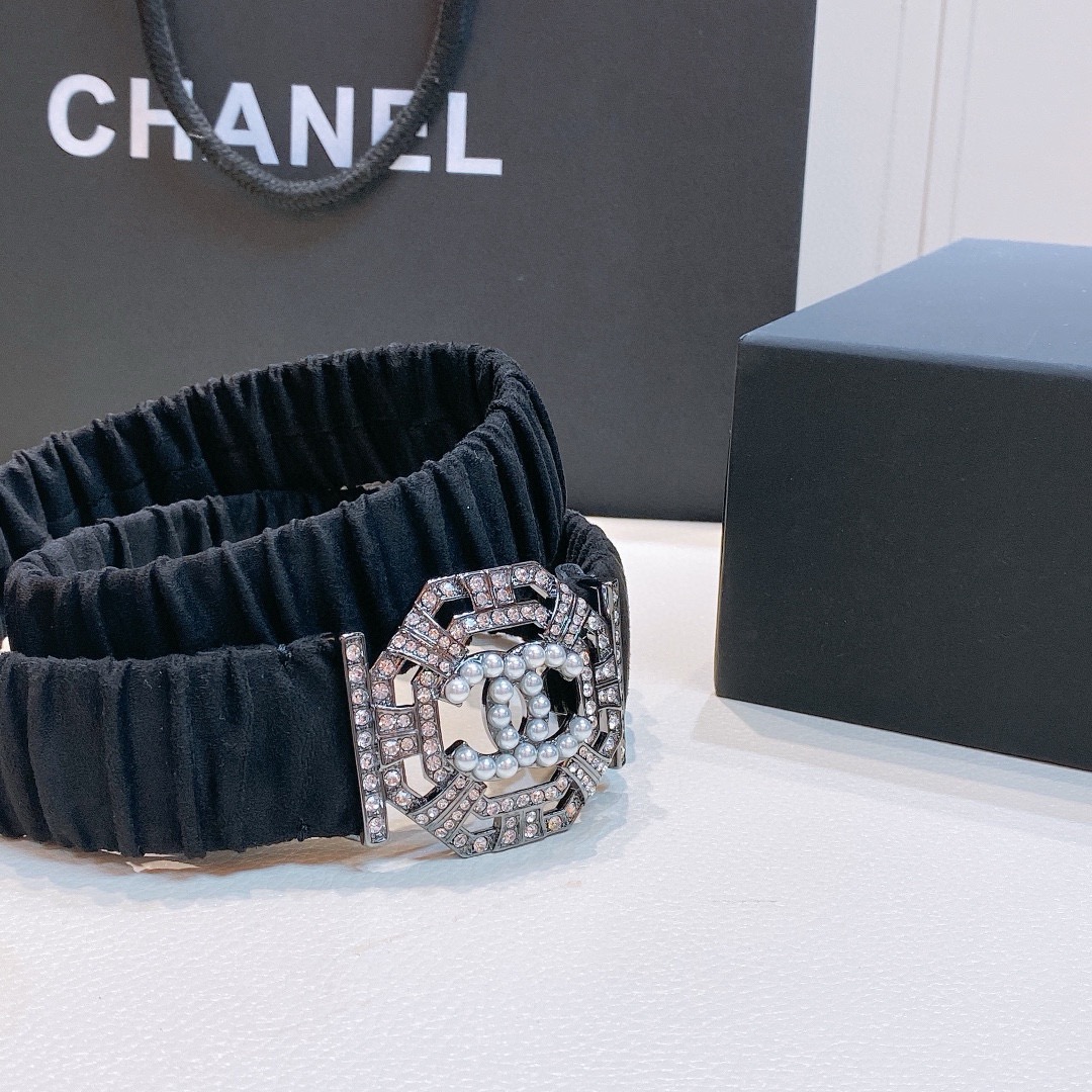 Chanel Black Elastic Belt with Silver Geometric Crystal CC Buckle