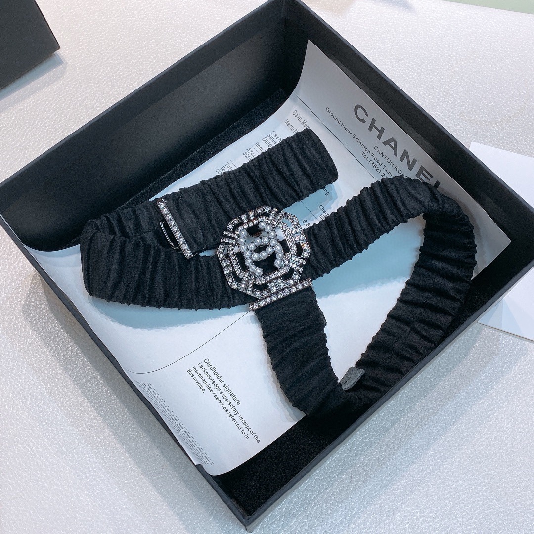 Chanel Black Elastic Belt with Silver Geometric Crystal CC Buckle