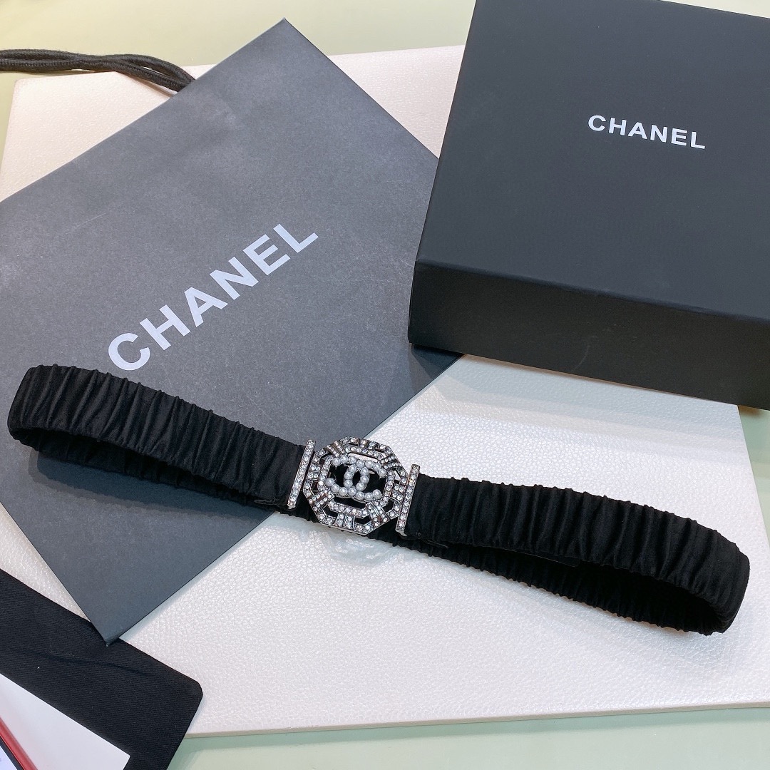 Chanel Black Elastic Belt with Silver Geometric Crystal CC Buckle