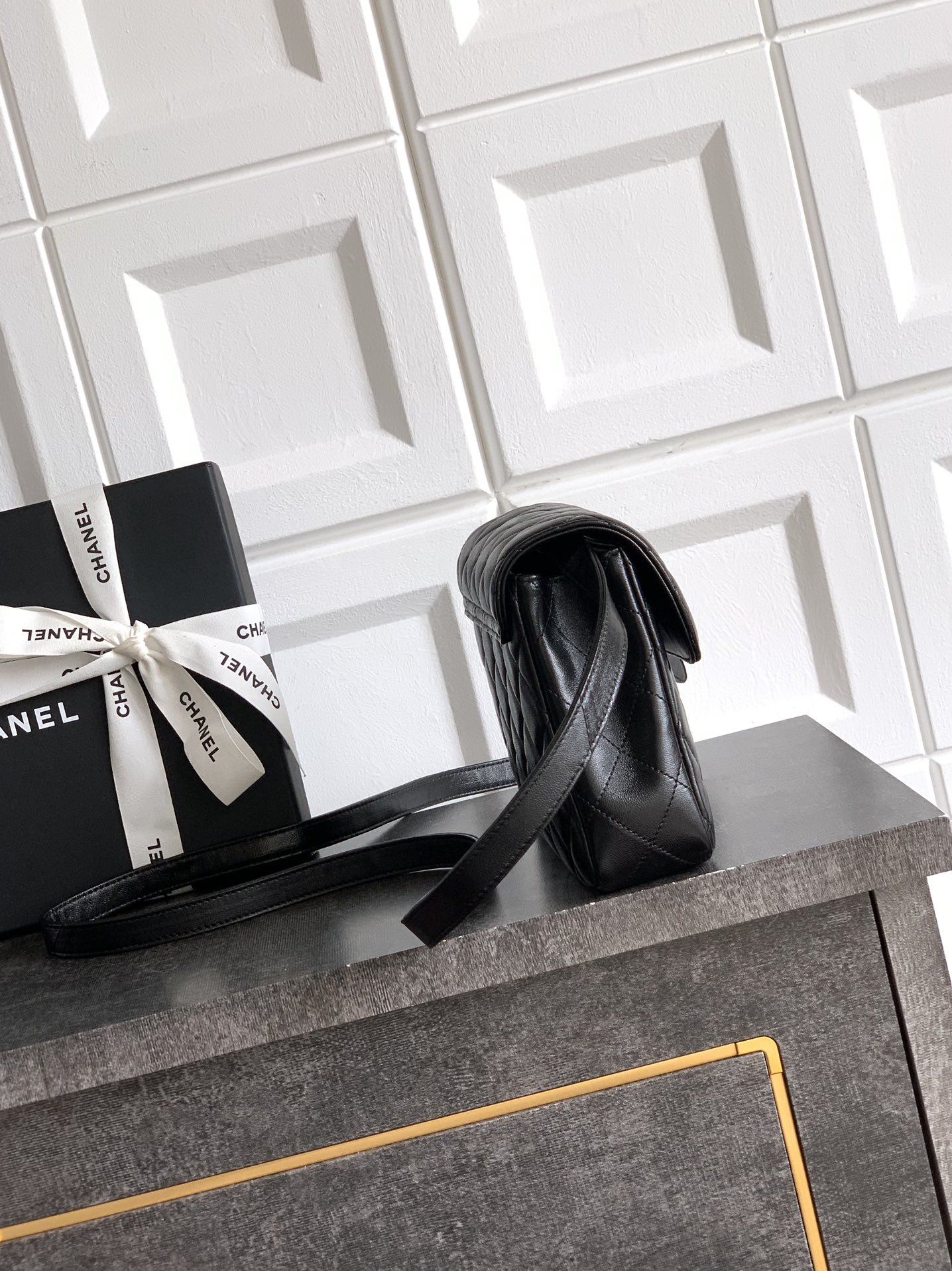 Chanel Black Quilted Caviar Top Handle Flap Bag Brushed Gold