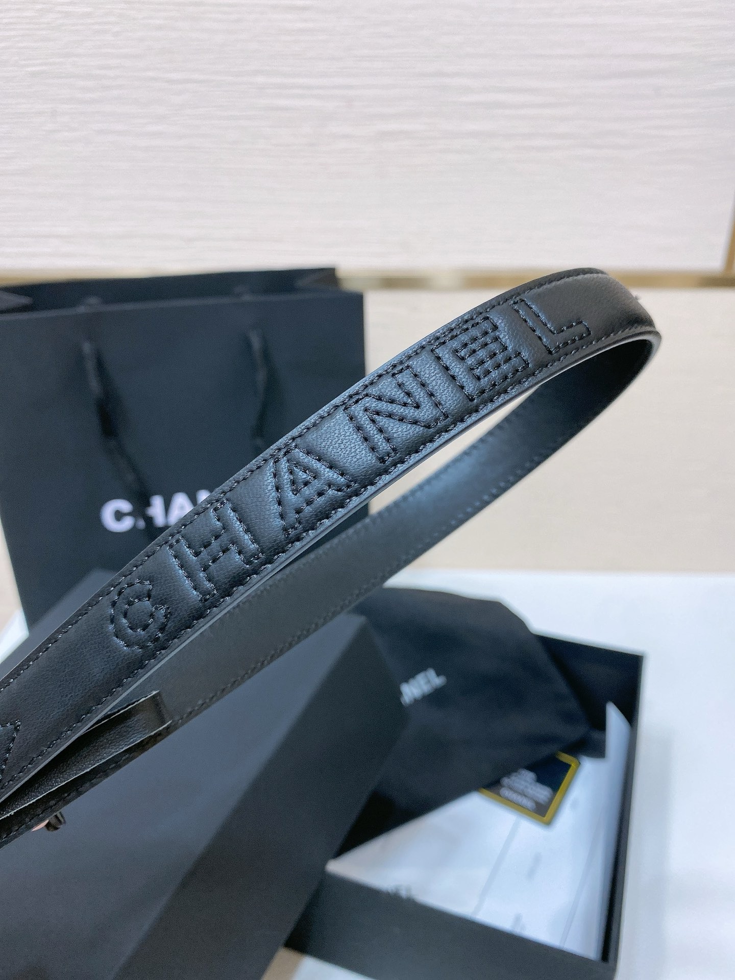 Chanel Black Quilted Leather Belt with Silver Rhinestone CC Logo Buckle