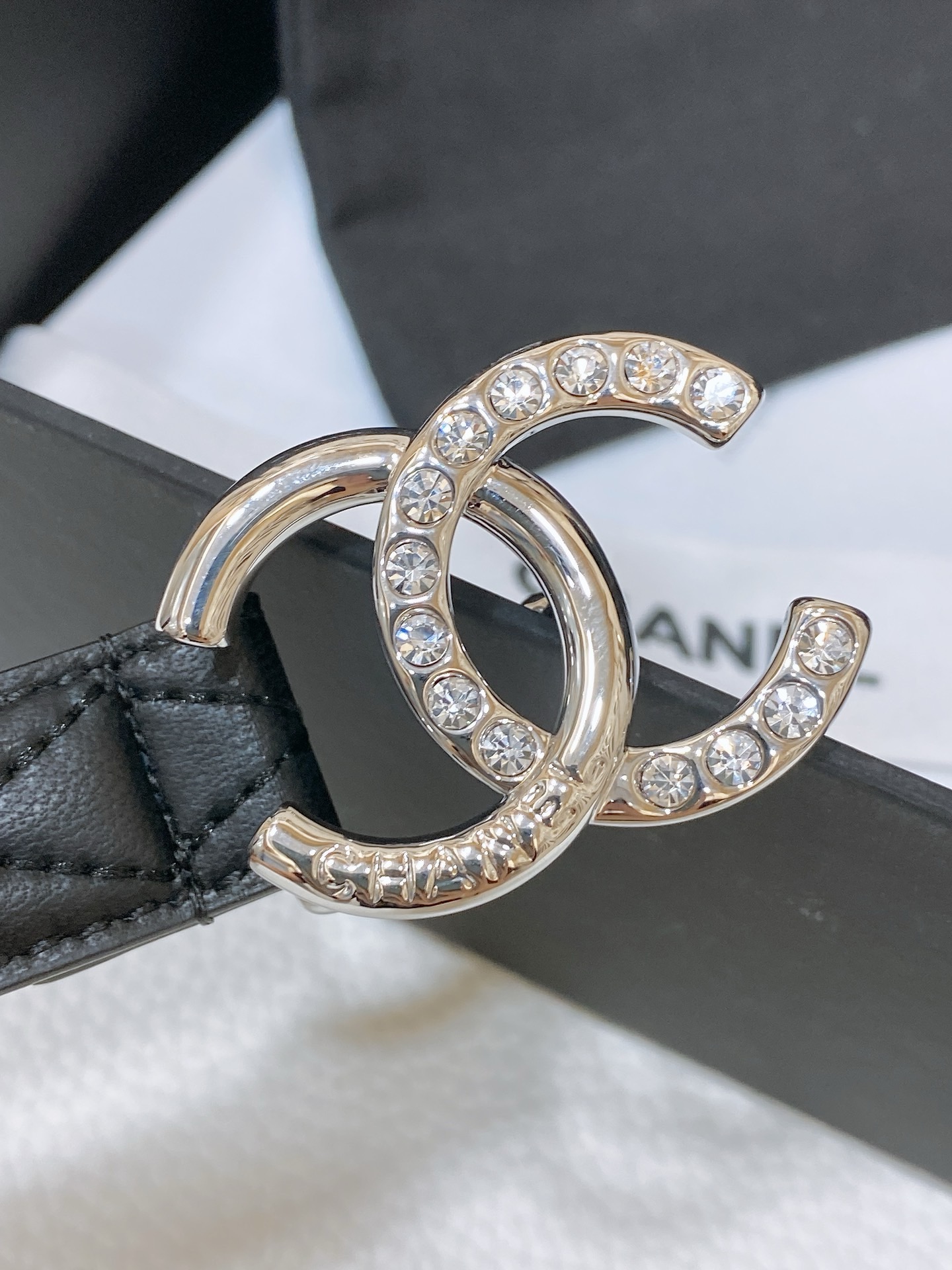 Chanel Black Quilted Leather Belt with Silver Rhinestone CC Logo Buckle