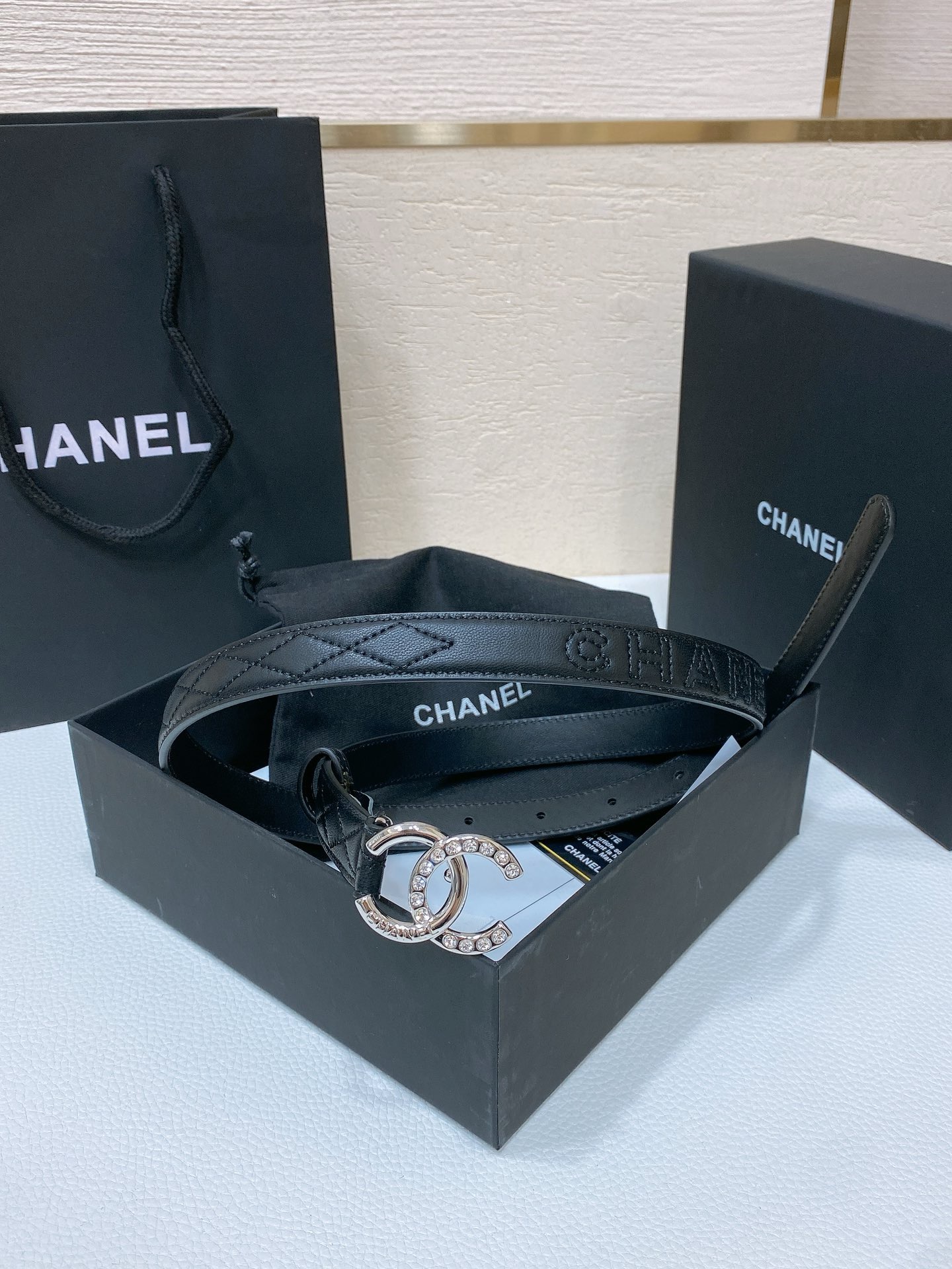 Chanel Black Quilted Leather Belt with Silver Rhinestone CC Logo Buckle