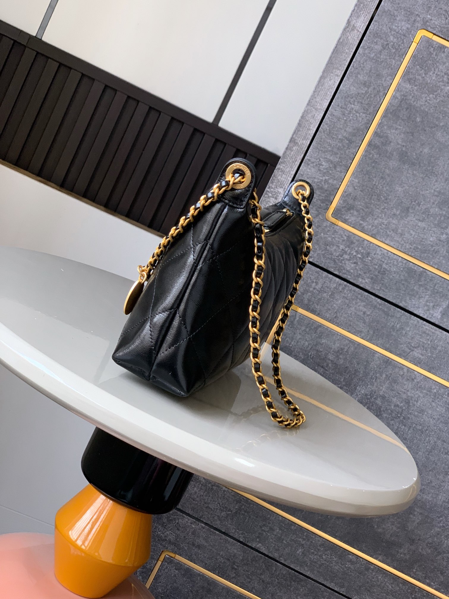 Chanel Black Shiny Lambskin Hobo Bag