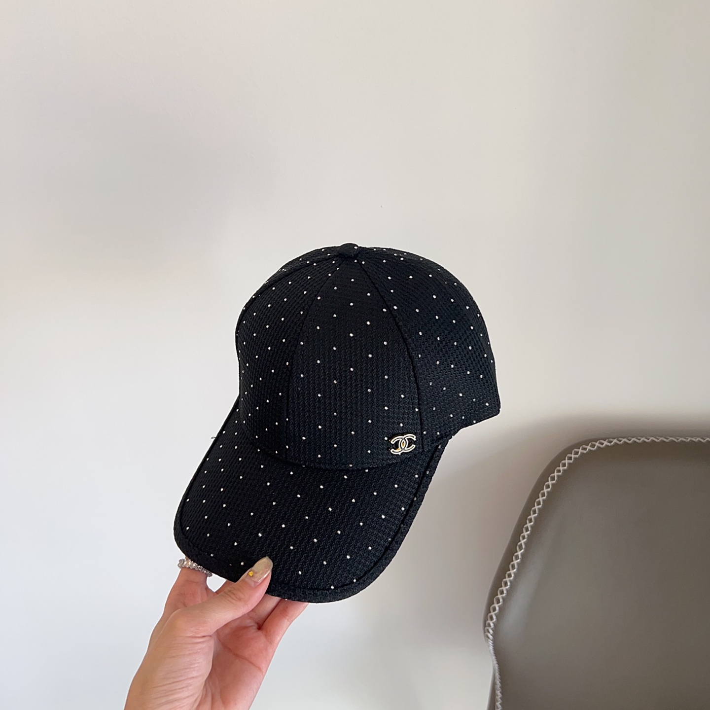 Chanel Black Polka Dot Cap - Gold CC Logo