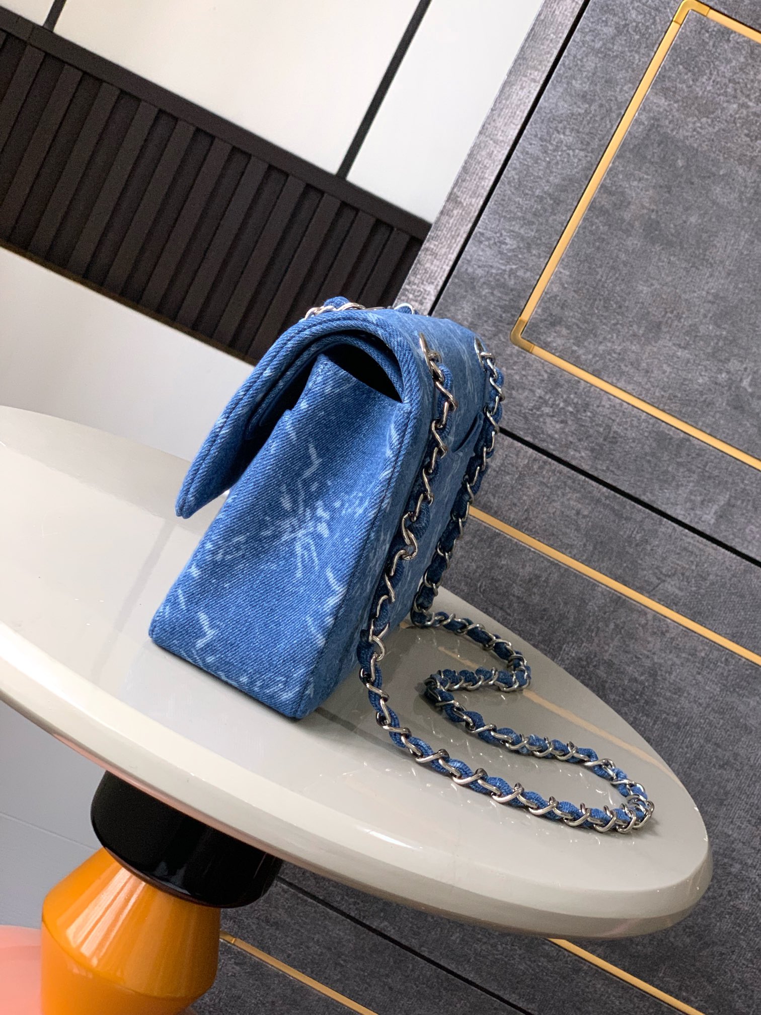 Chanel Blue Bleached Chain Printed Denim Medium Classic