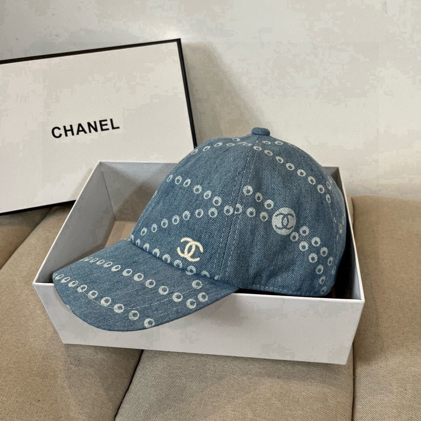 Chanel Denim CC Logo Cap - Light Blue & White