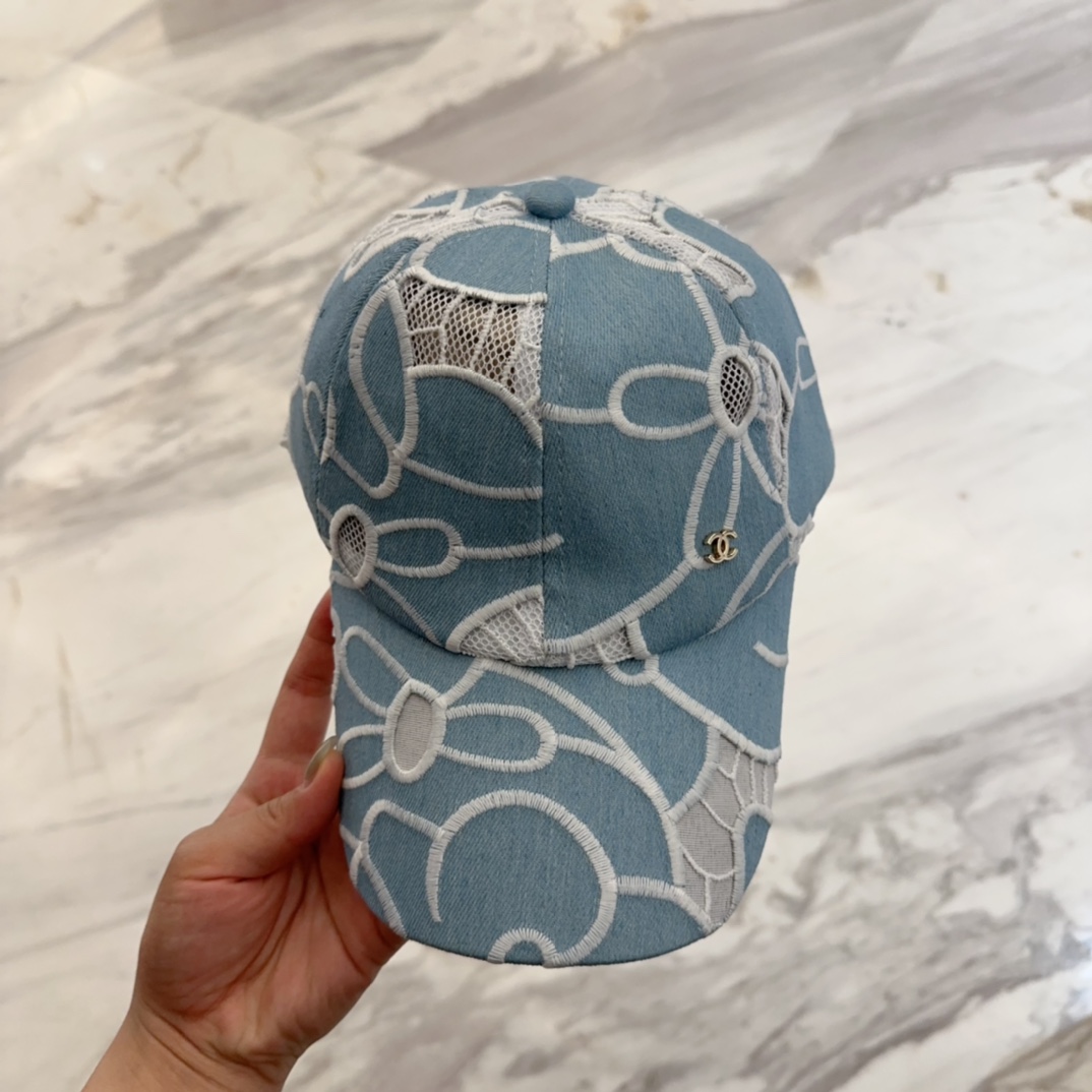 Chanel Blue Denim Baseball Cap with White Lace Floral Embroidery
