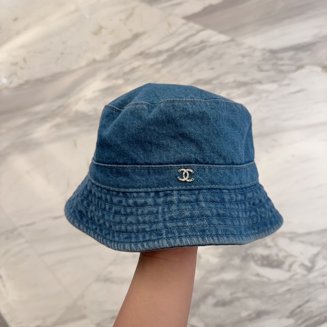 Chanel Light Wash Denim Bucket Hat - Silver Logo