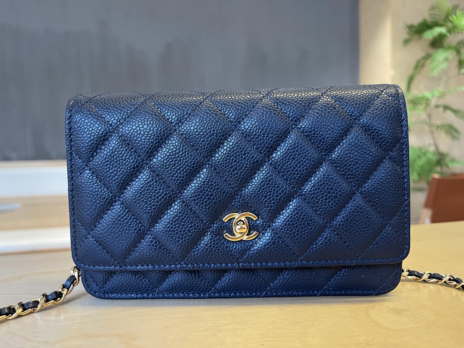 Chanel Blue Quilted Caviar Leather Classic Wallet on Chain