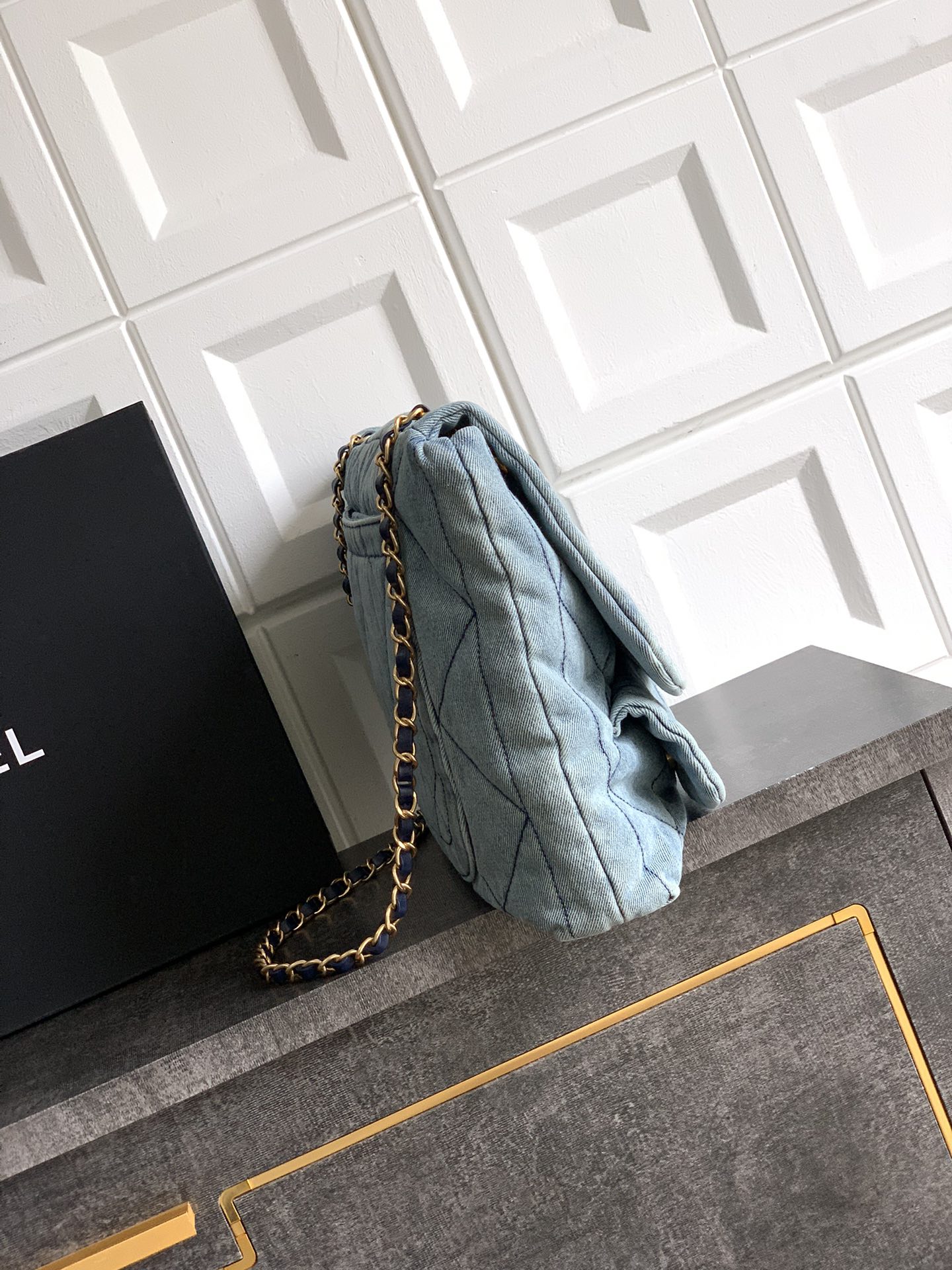 Chanel Blue Quilted Denim Printed Small Mood Flap Bag