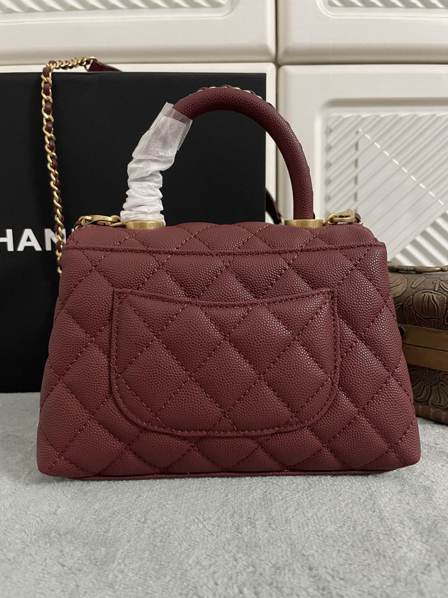 Chanel Burgundy Caviar Quilted Coco Handle Small Light Gold