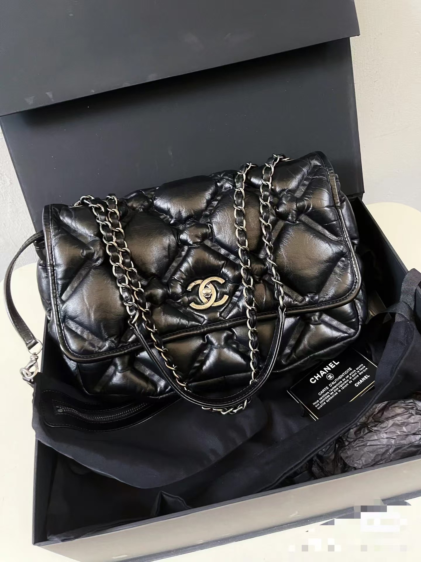CHANEL Calfskin Quilted Chesterfield Shoulder Bag Black 1600753