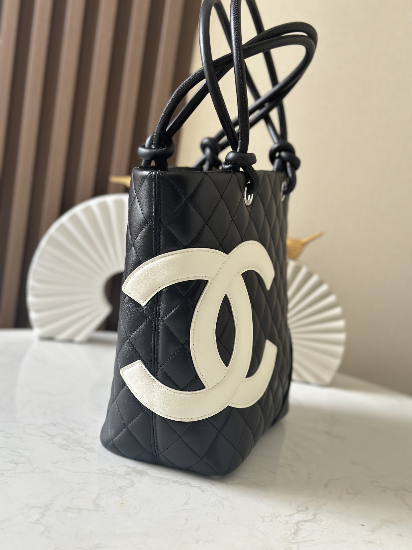 Chanel  Calfskin Quilted Medium Cambon Tote Black White