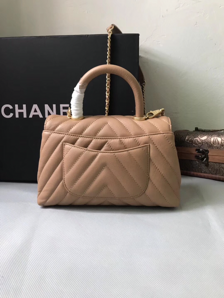 CHANEL Caviar Chevron Quilted Small Coco Handle Flap Beige