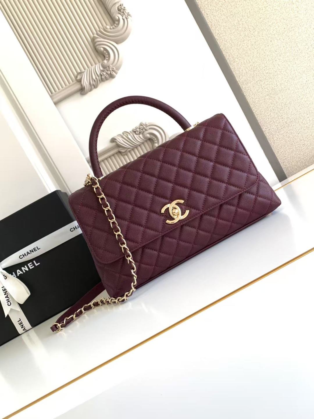 CHANEL Caviar Coco Handle 28 Tote Bag Champagne Gold