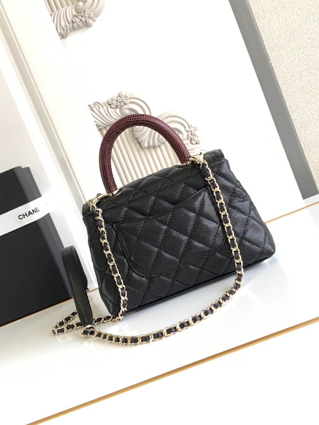 CHANEL Caviar Lizard Quilted Mini Coco Handle Flap Black