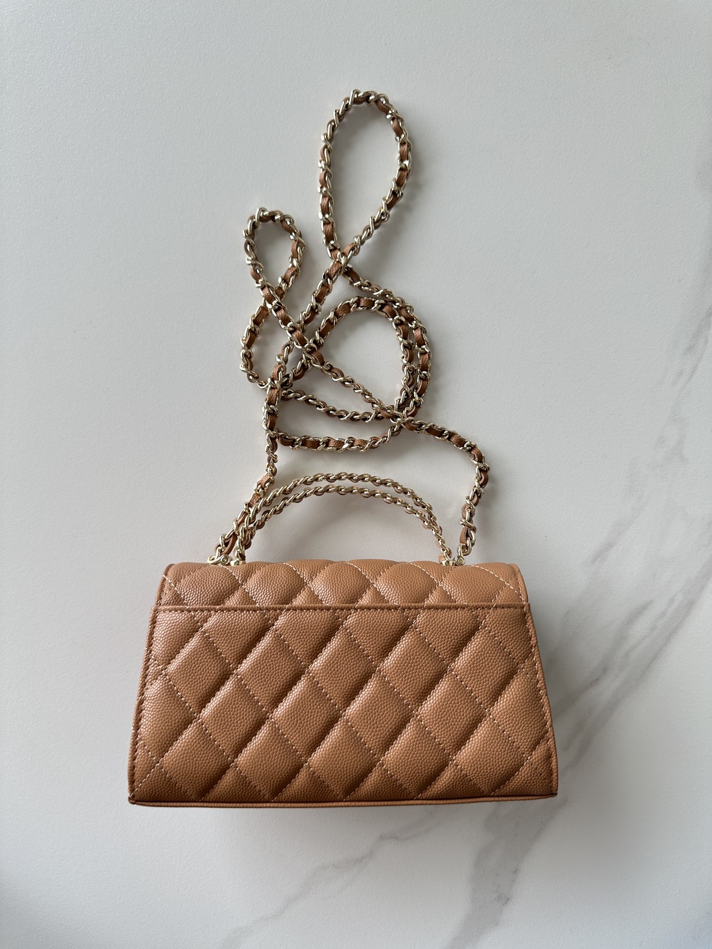 CHANEL Caviar Quilted Chain Top Handle Phone Holder With Chain Beige 154029