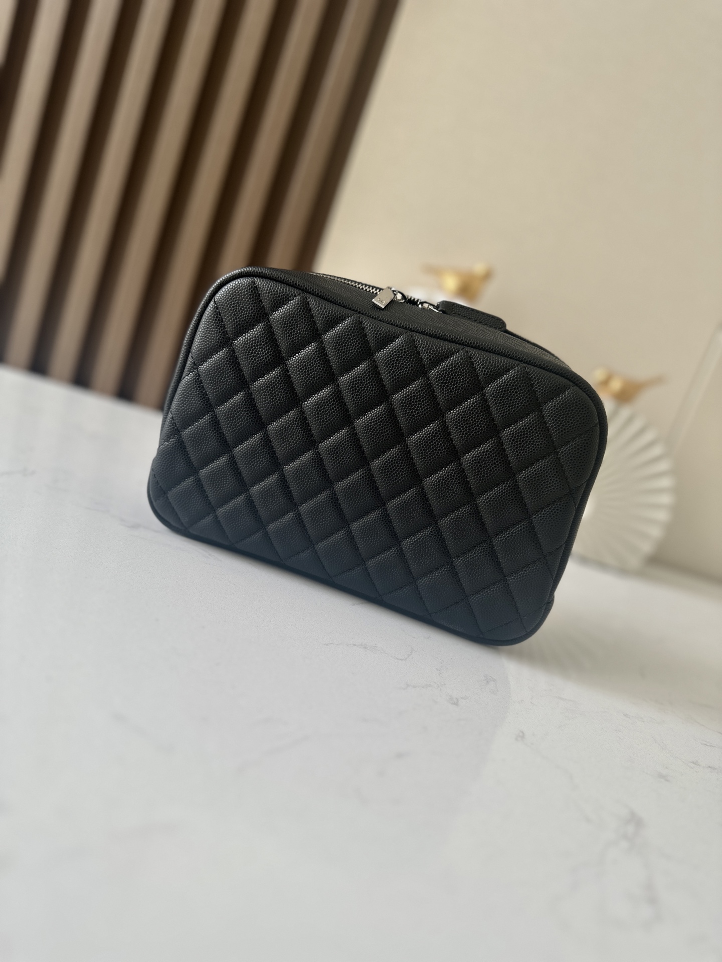 CHANEL Caviar Quilted Curvy Pouch Cosmetic Case Black