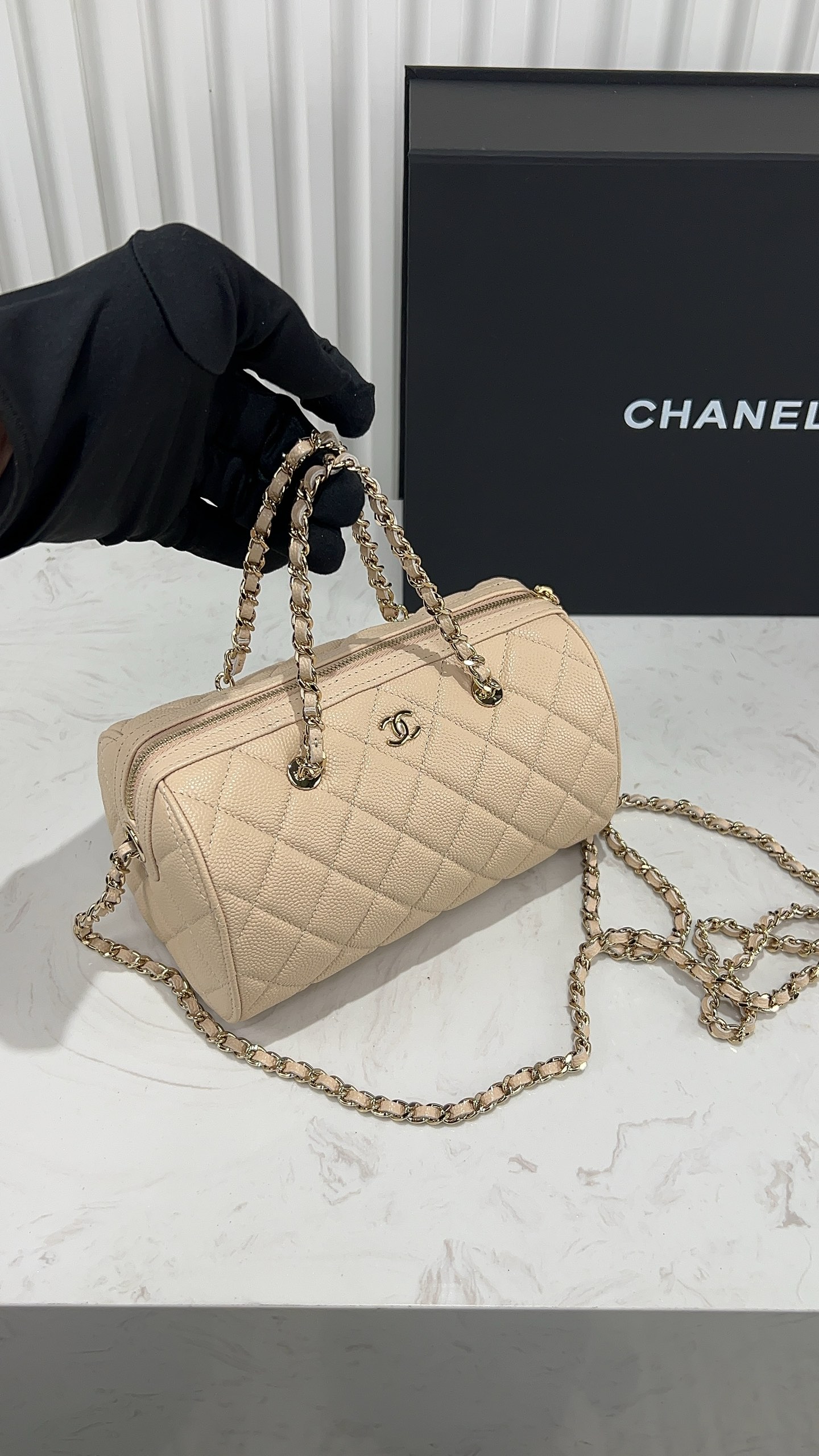 CHANEL Caviar Quilted Mini Bowling Bag Beige