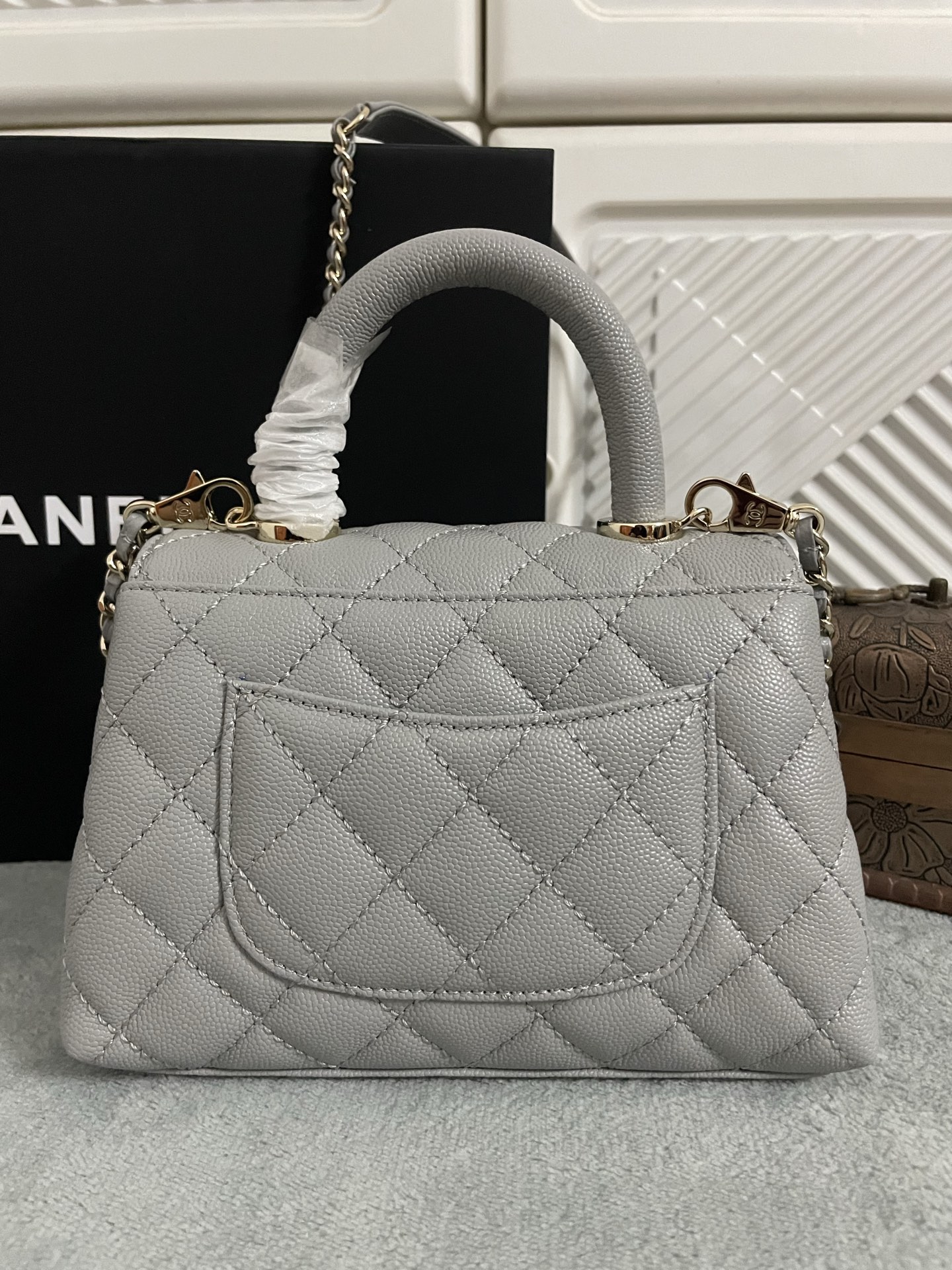 CHANEL Caviar Quilted Mini Coco Handle Flap Light Grey 1528664