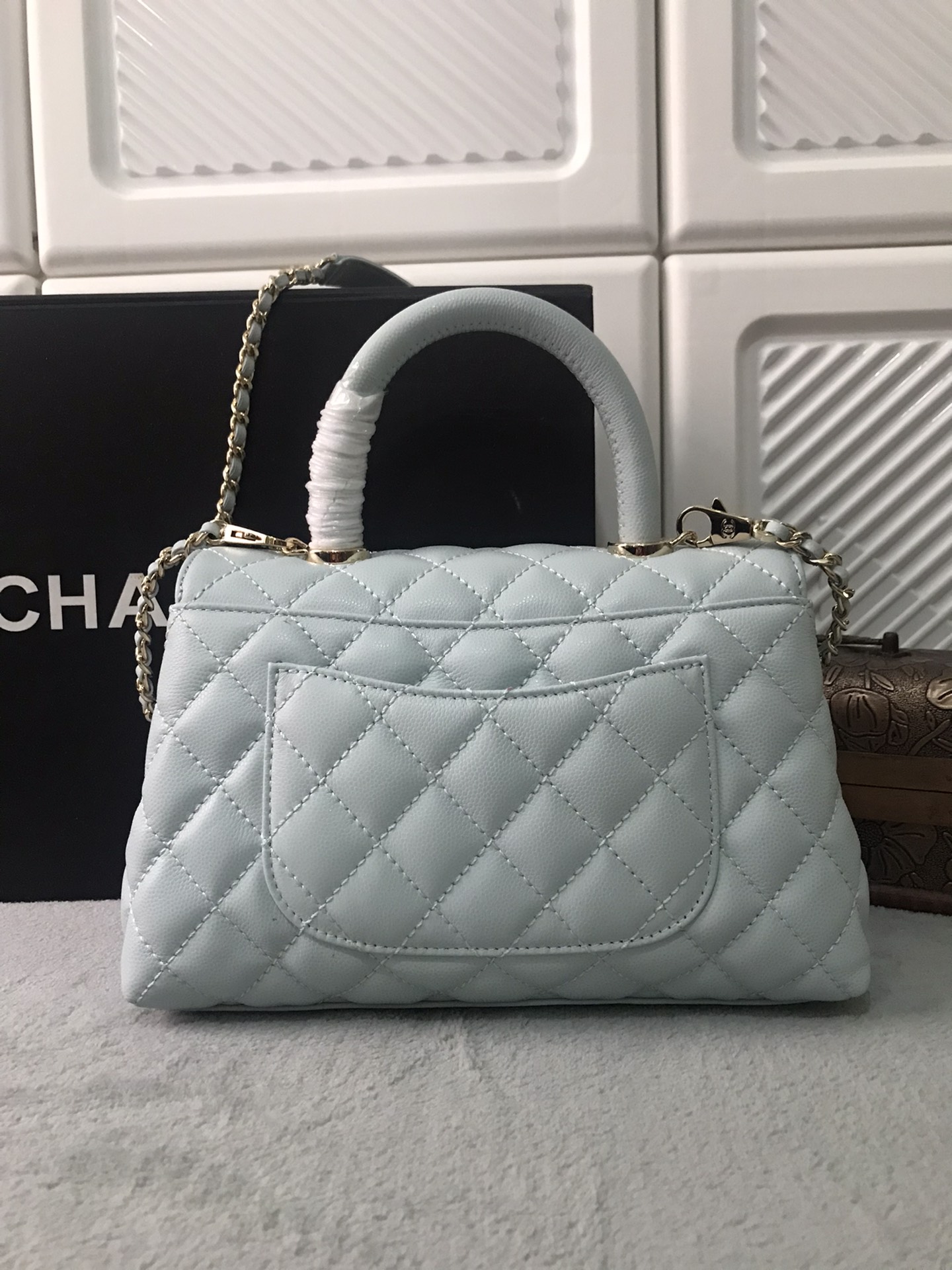 CHANEL Caviar Quilted Small Coco Handle Flap Light Blue