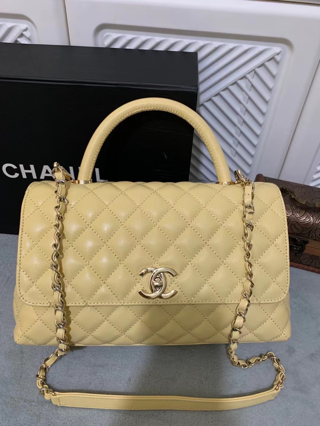 CHANEL Caviar Quilted Small Coco Handle Flap Yellow 30963