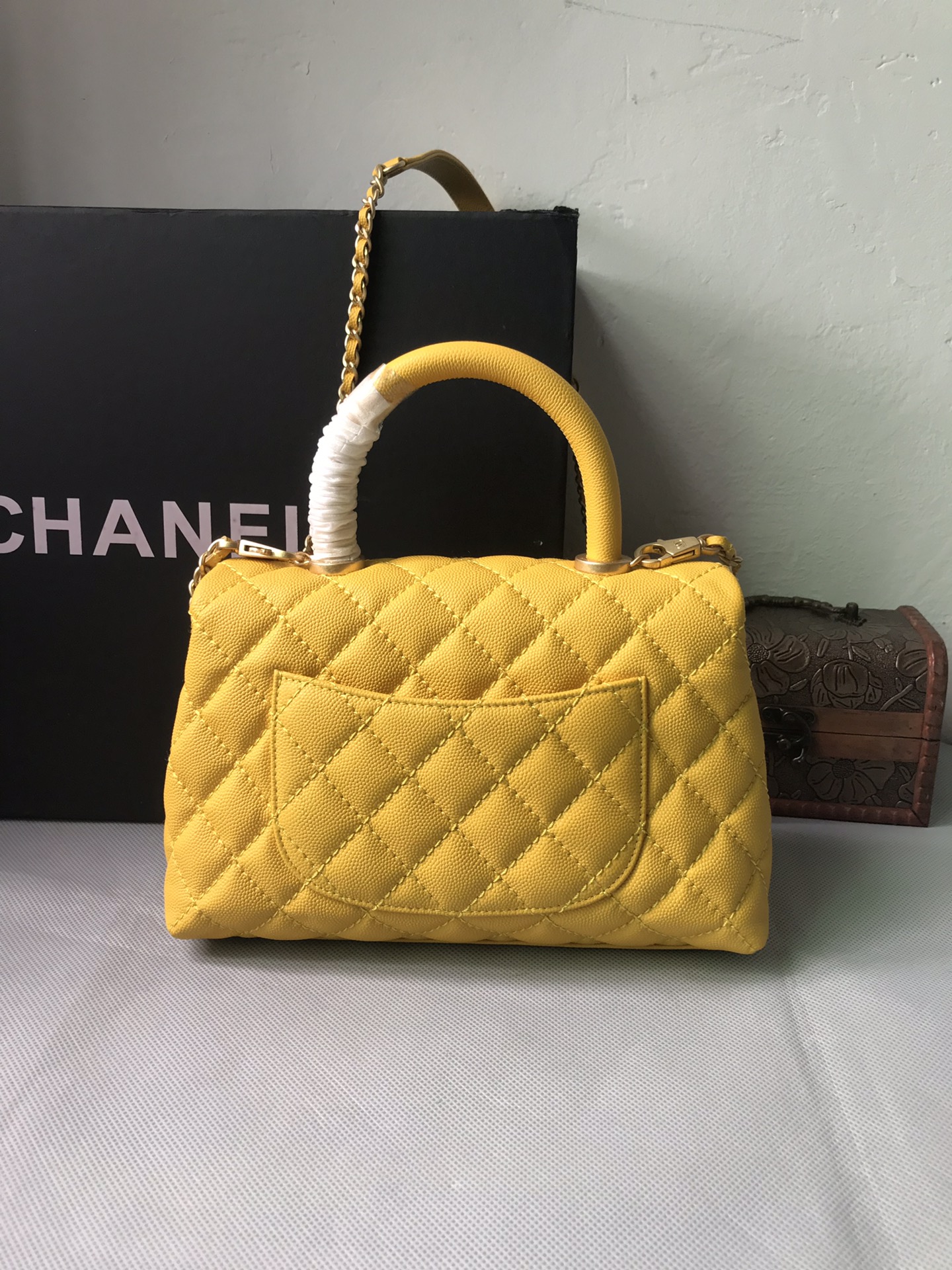 CHANEL Caviar Quilted Small Coco Handle Flap Yellow