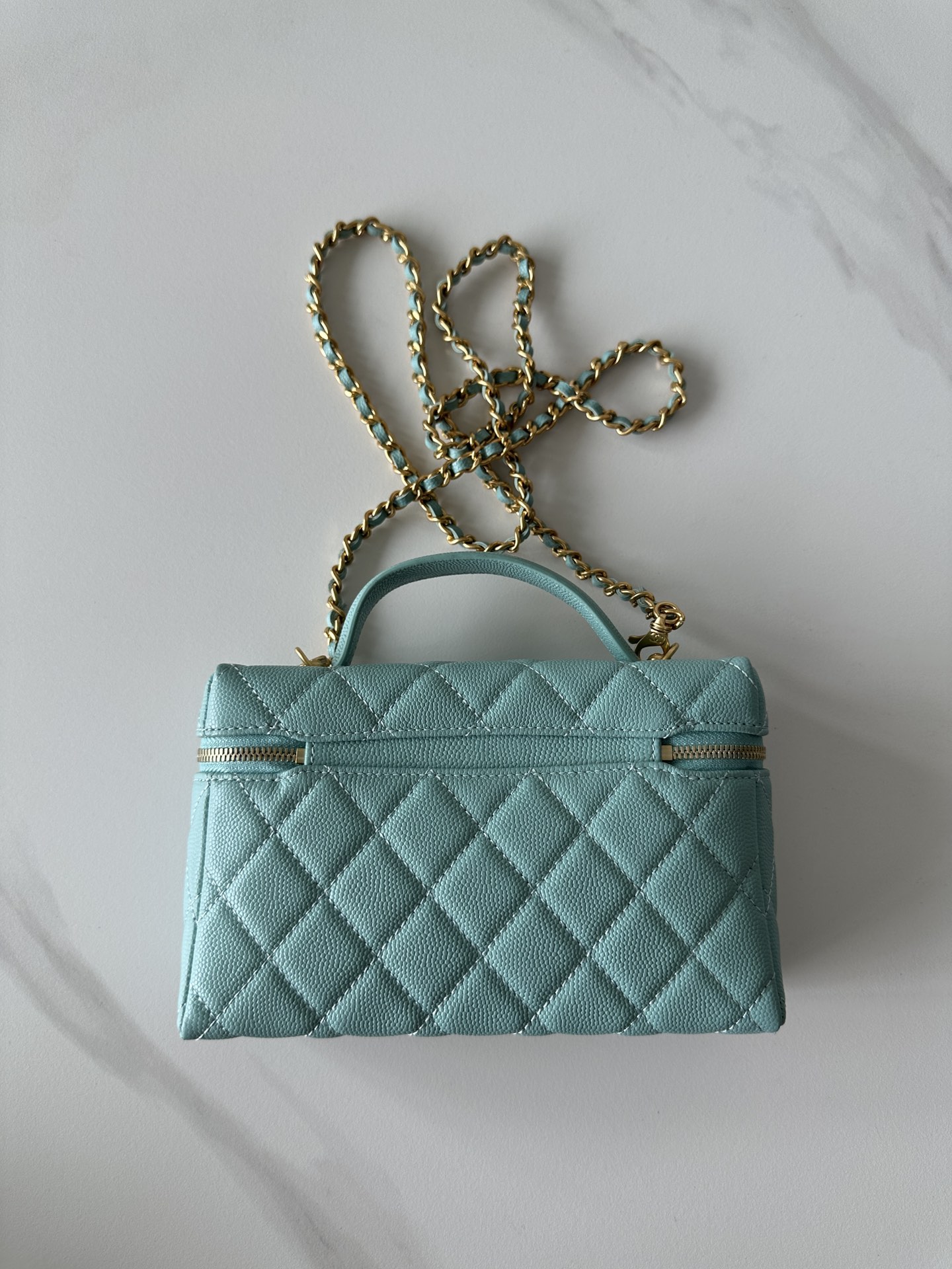 Chanel  Caviar Quilted Small Tiny CC Vanity Case With Chain Light Blue