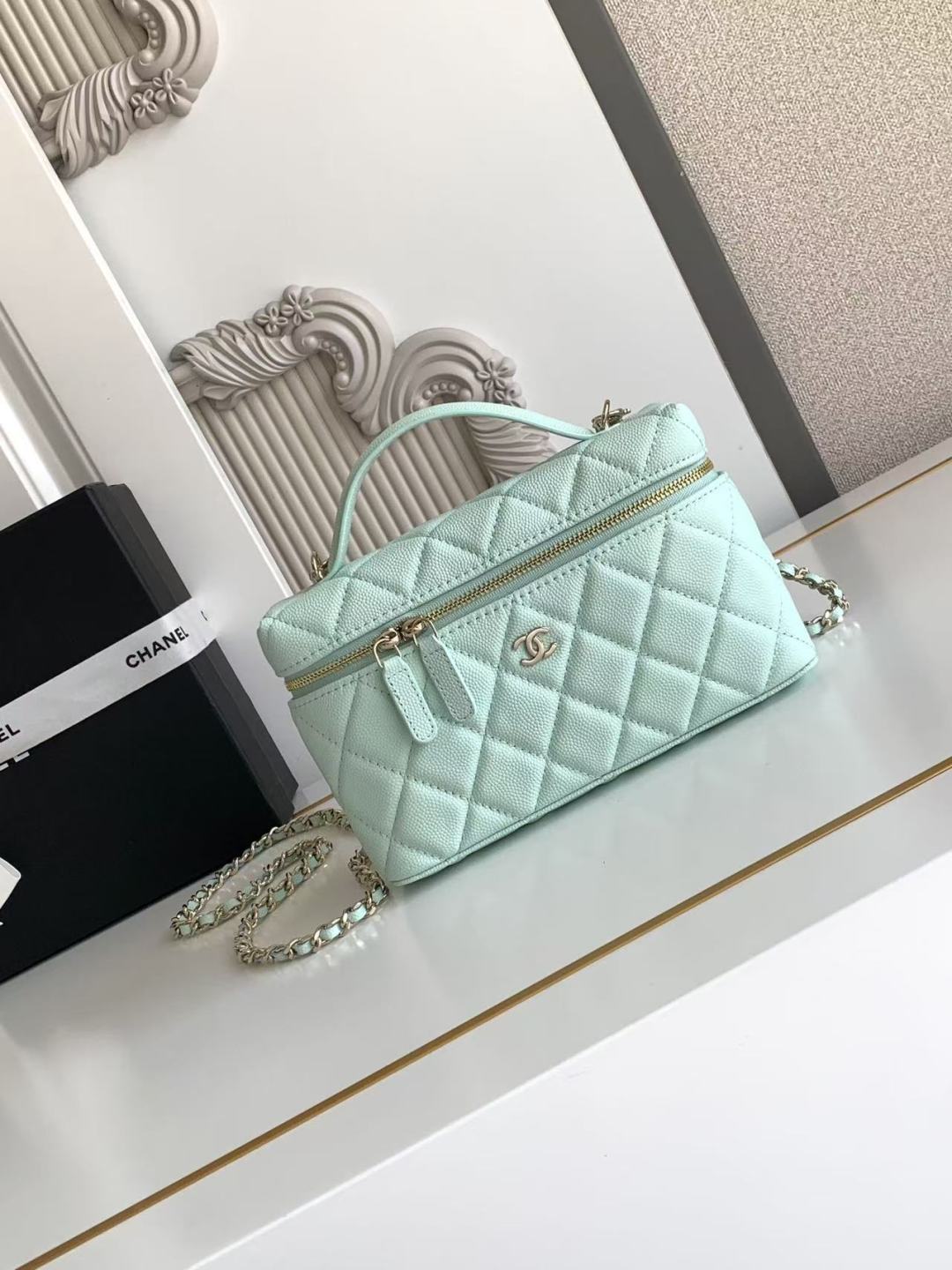 Chanel  Caviar Quilted Small Top Handle Vanity Case With Chain Light Blue
