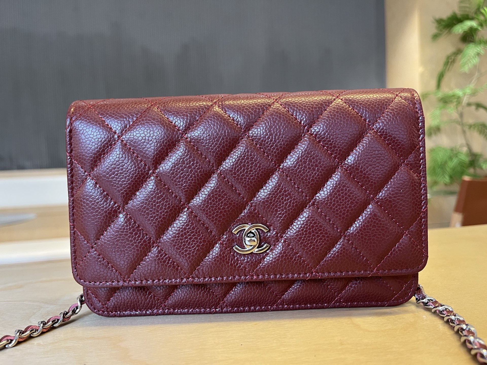 CHANEL Caviar Quilted Wallet on Chain WOC Burgundy 1098545