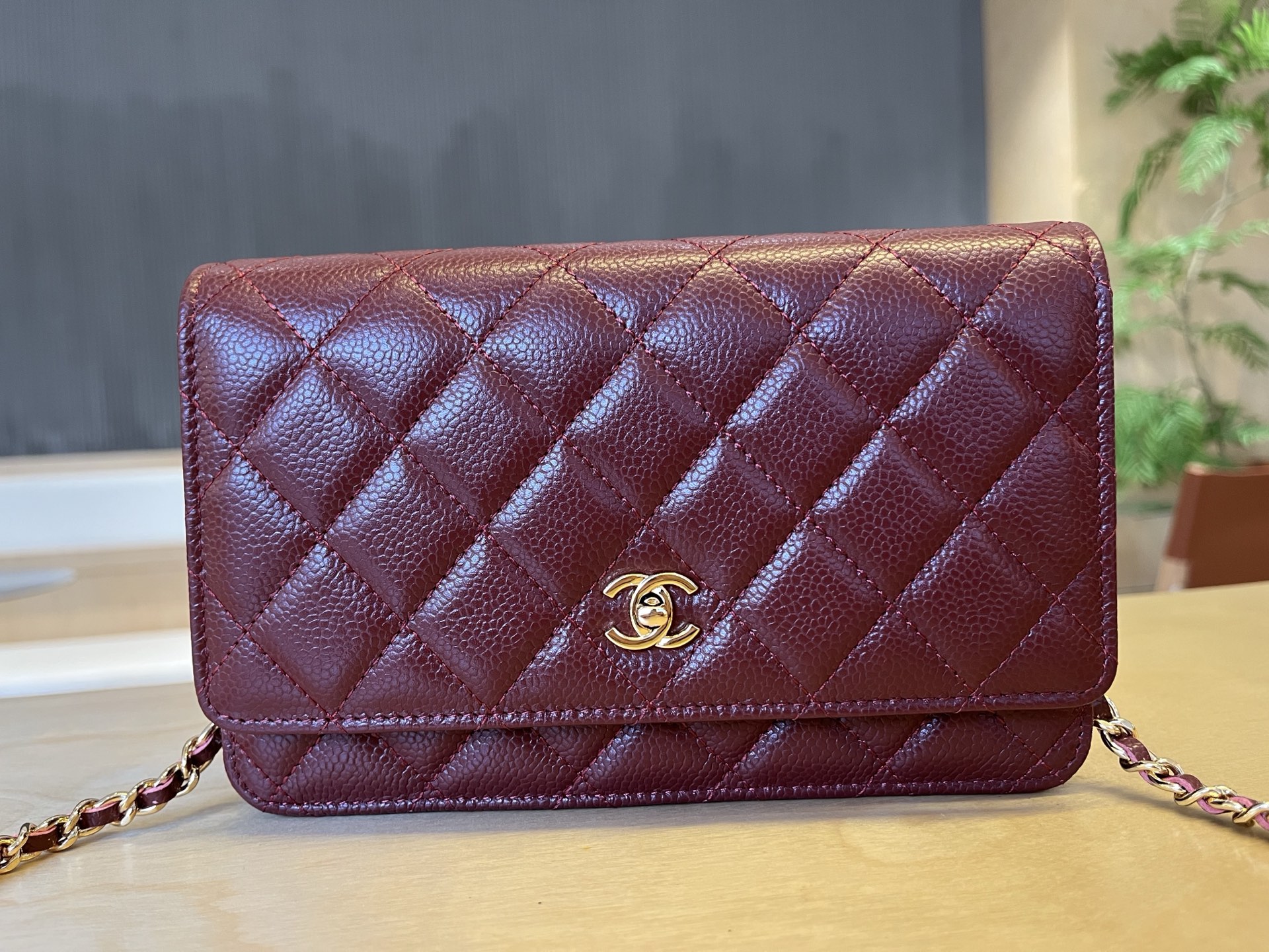 CHANEL Caviar Quilted Wallet on Chain WOC Burgundy 265698