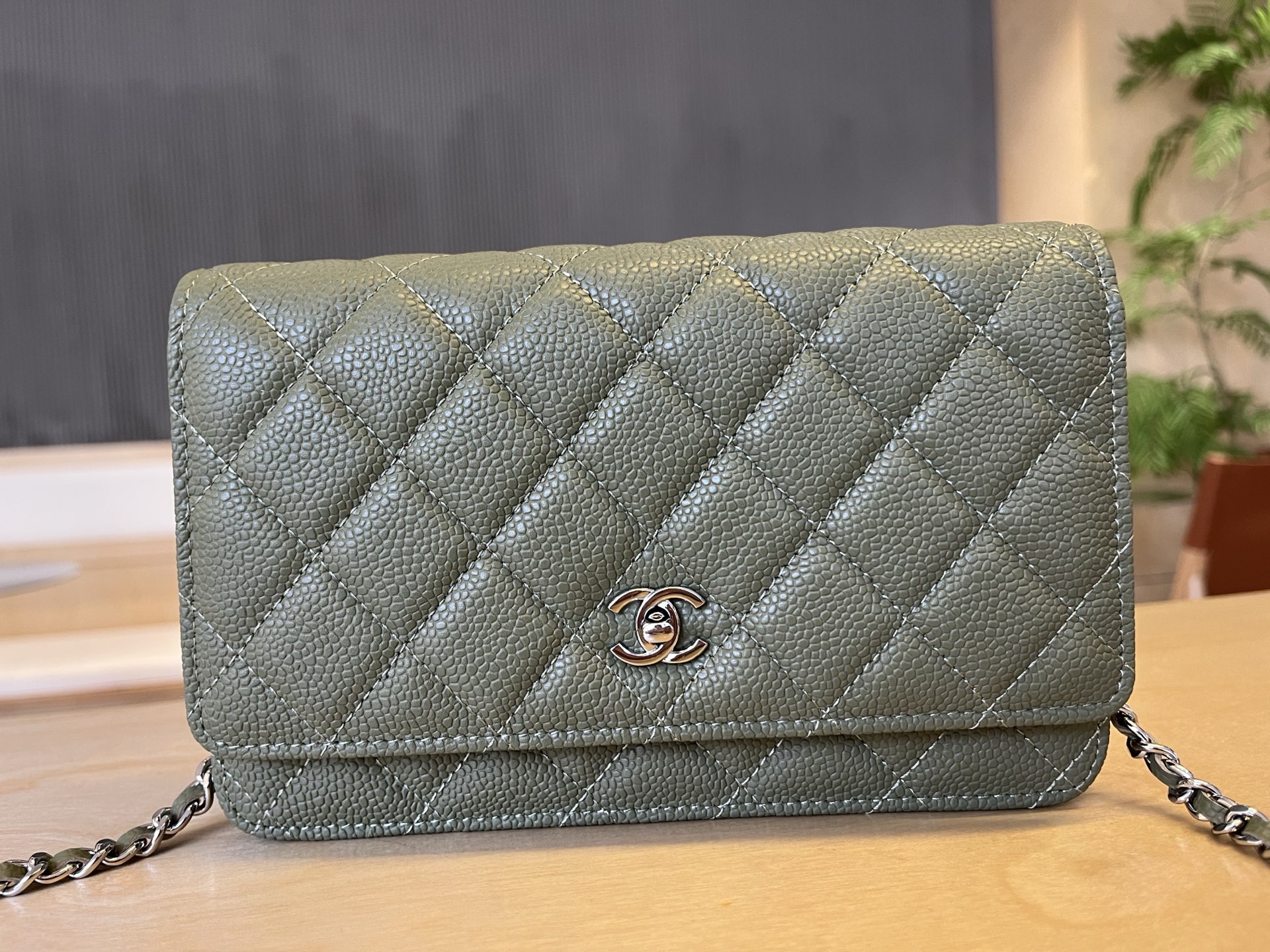 CHANEL Caviar Quilted Wallet On Chain WOC Dark Green 1100410